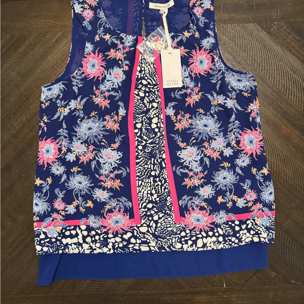 Rose+Olive Navy and Pink Floral Blouse Medium New